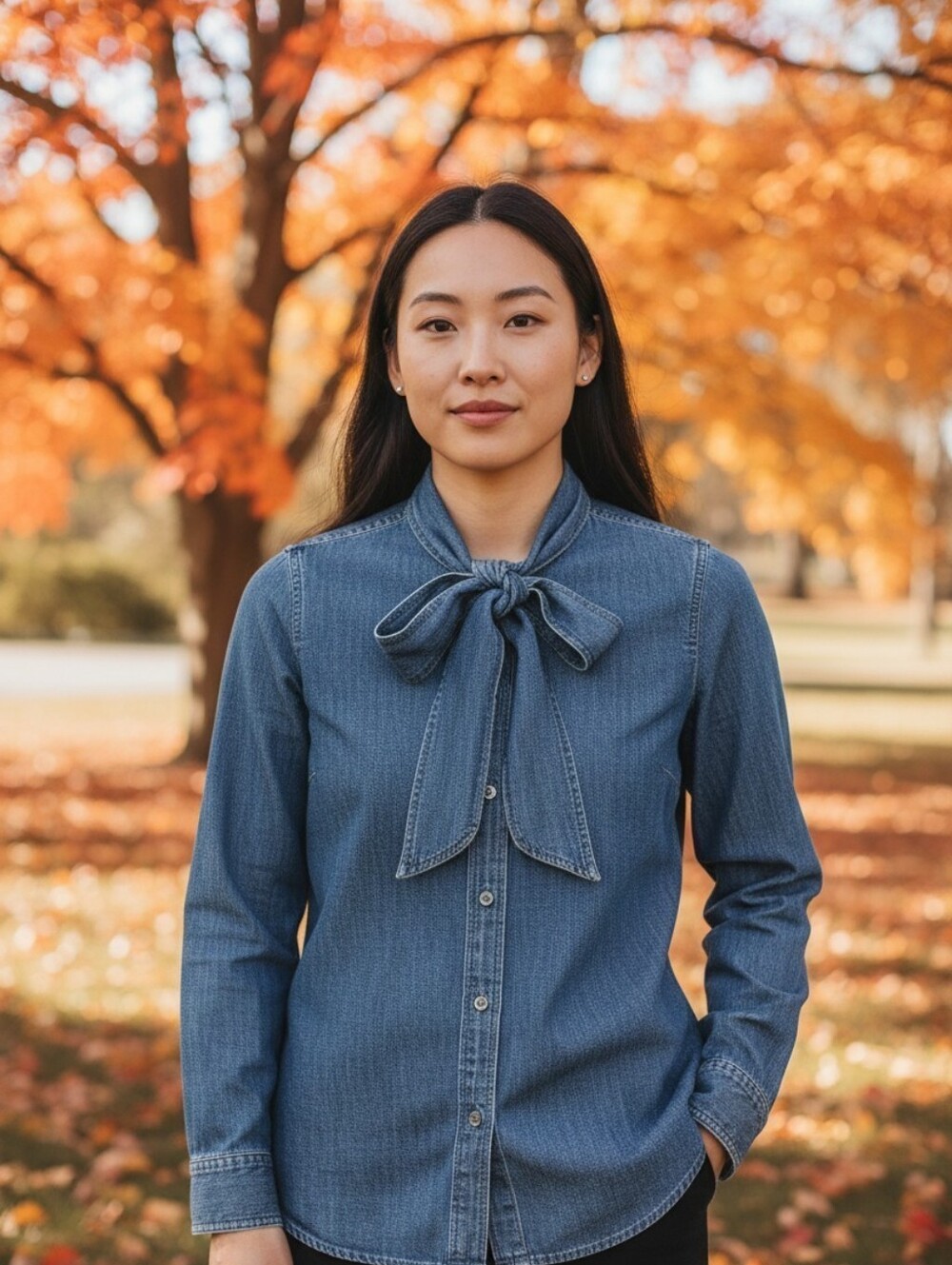 J. Crew Denim Classic-fit chambray bow shirt Sz Large Cotton Blue WT304